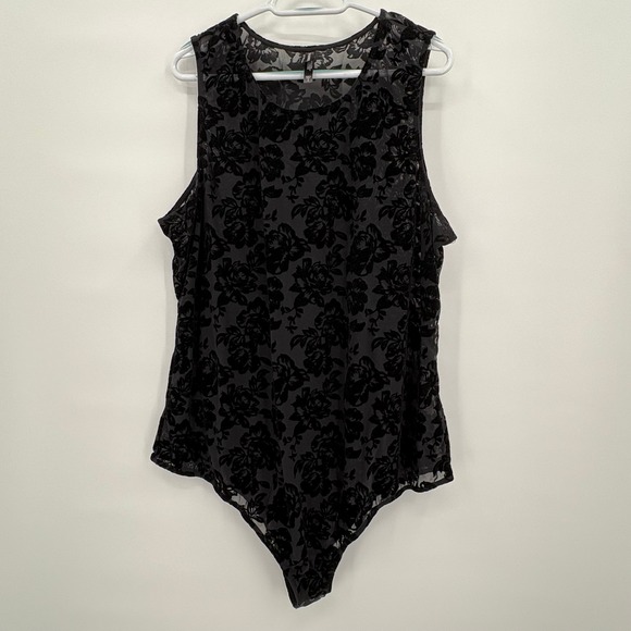 Torrid Curve Tops - Torrid Curve Black Flocked‎ Velvet Floral Mesh Bodysuit Plus Size 5 Sleeveless